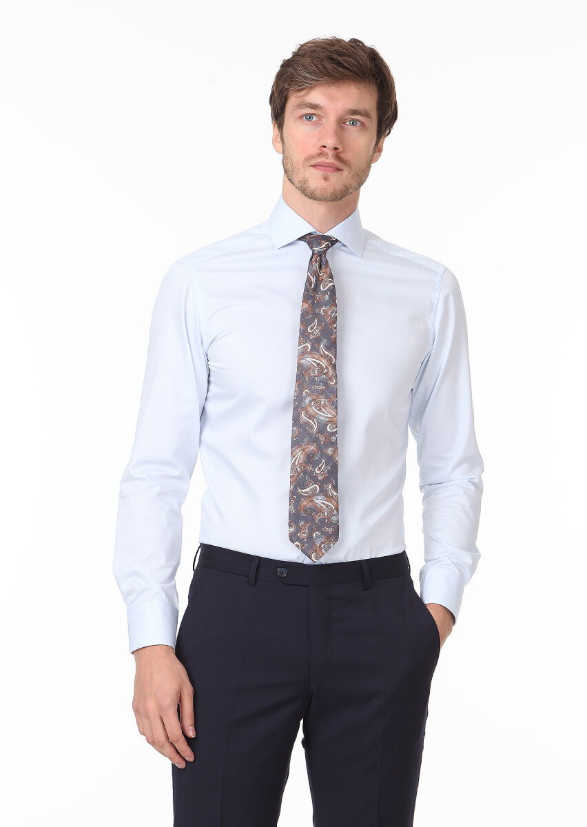 Açık Mavi Düz Slim Fit Dokuma Klasik %100 Pamuk Gömlek - 1