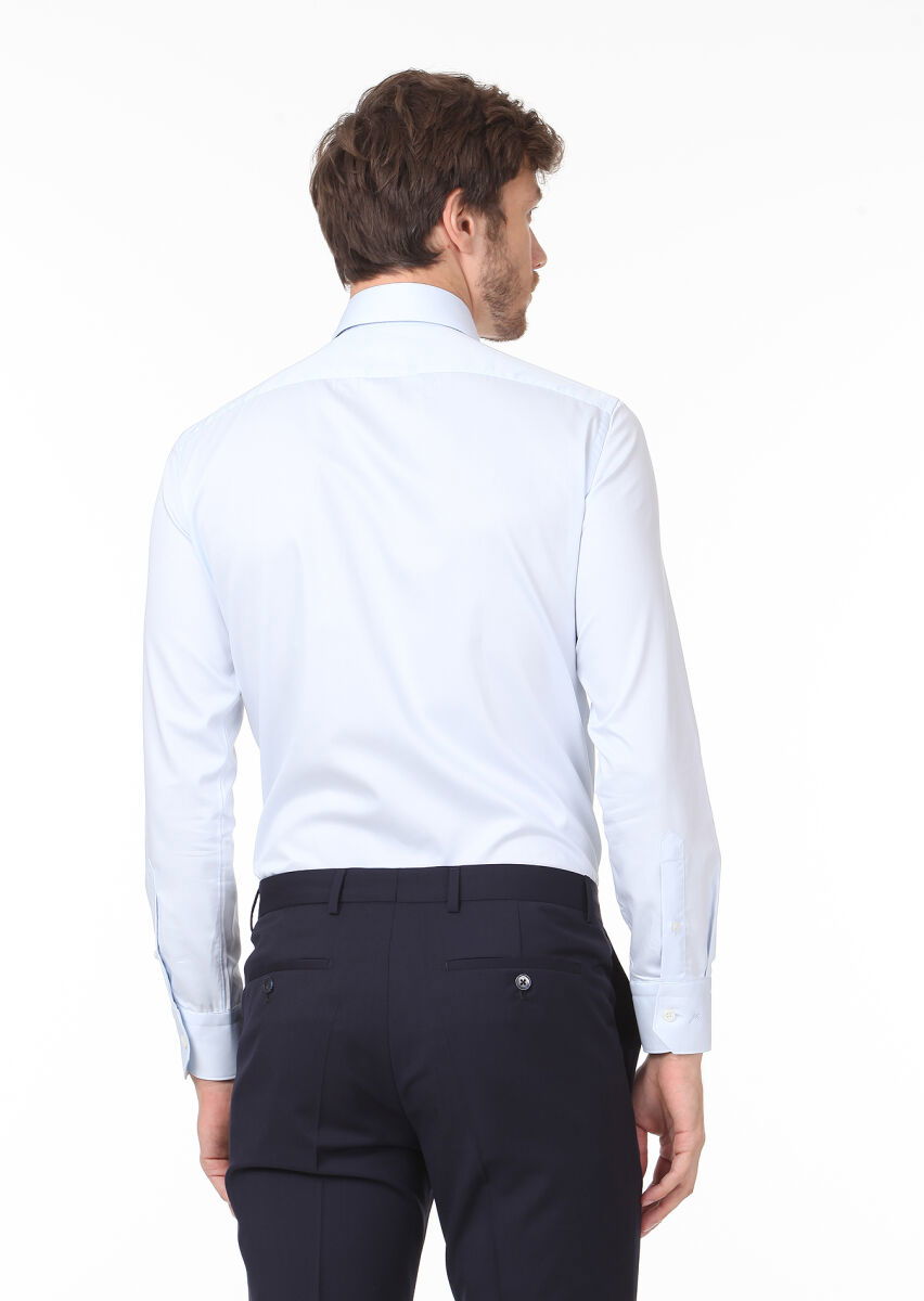 Açık Mavi Düz Slim Fit Dokuma Klasik %100 Pamuk Gömlek - 4
