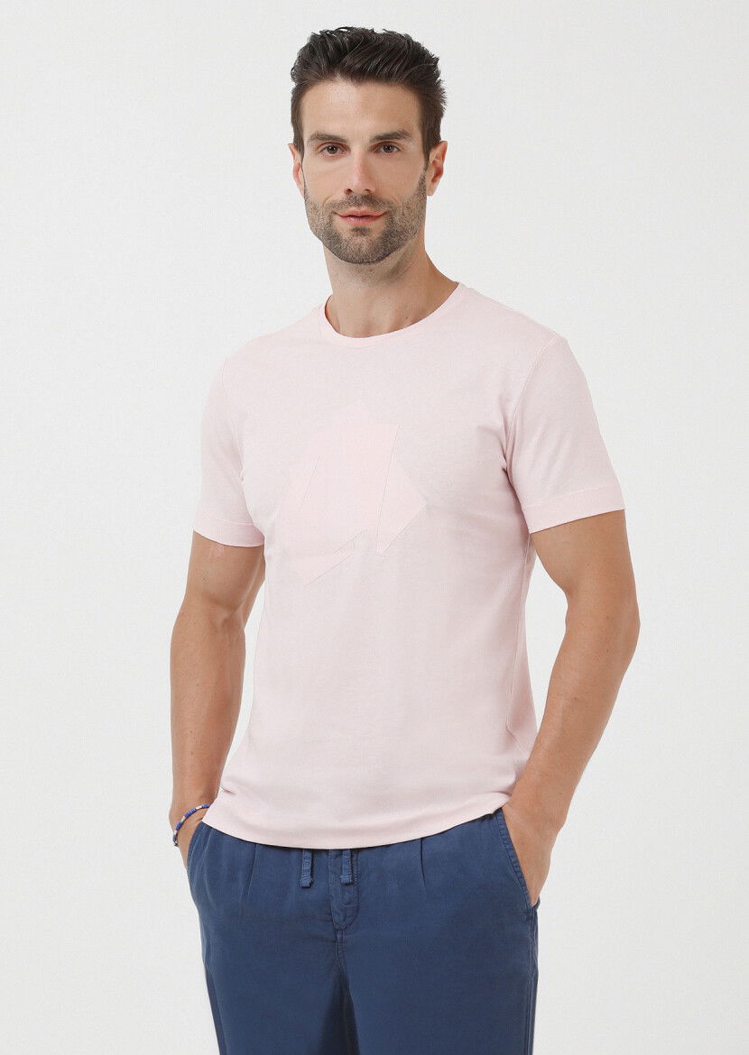 Açık Pembe Baskılı Bisiklet Yaka Pamuk Karışımlı T-Shirt 