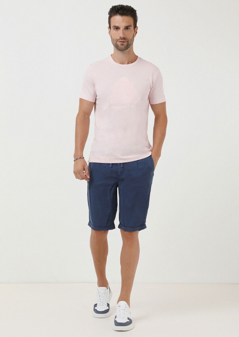 Açık Pembe Baskılı Bisiklet Yaka Pamuk Karışımlı T-Shirt 
