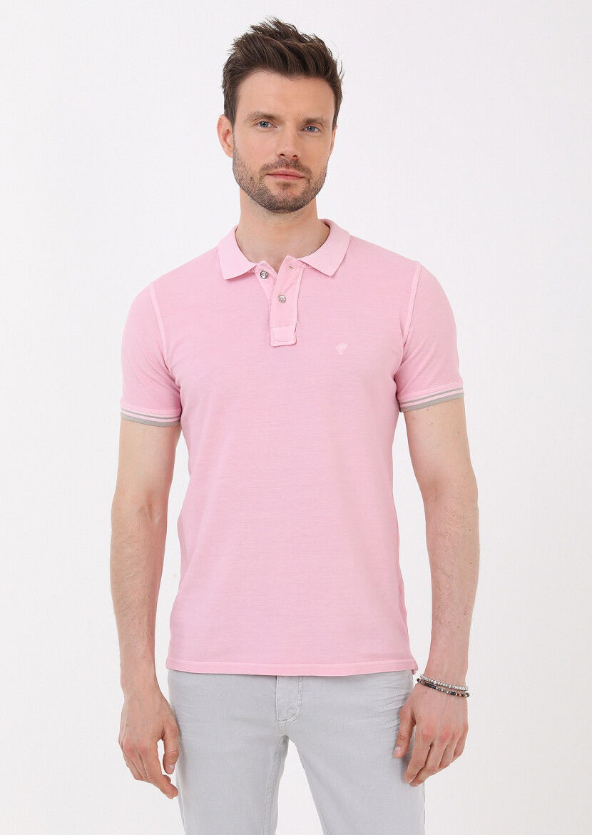 Açık Pembe Düz Polo Yaka %100 Pamuk T-Shirt 