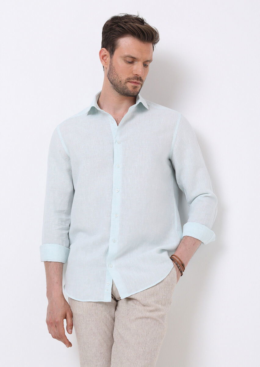 Açık Yeşil Çizgili Regular Fit Dokuma Casual Pamuk Karışımlı Gömlek - 1