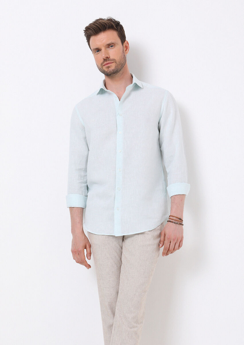 Açık Yeşil Çizgili Regular Fit Dokuma Casual Pamuk Karışımlı Gömlek - 2