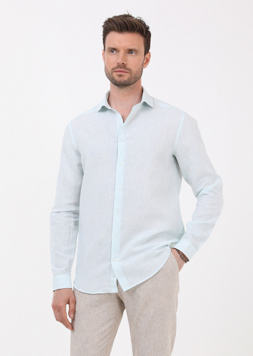 Açık Yeşil Çizgili Regular Fit Dokuma Casual Pamuk Karışımlı Gömlek - 4
