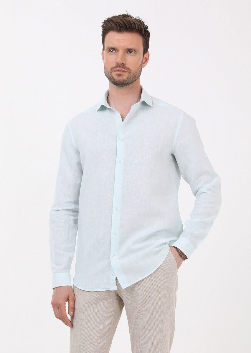 Açık Yeşil Çizgili Regular Fit Dokuma Casual Pamuk Karışımlı Gömlek - 4