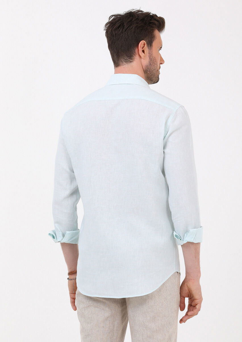 Açık Yeşil Çizgili Regular Fit Dokuma Casual Pamuk Karışımlı Gömlek - 5