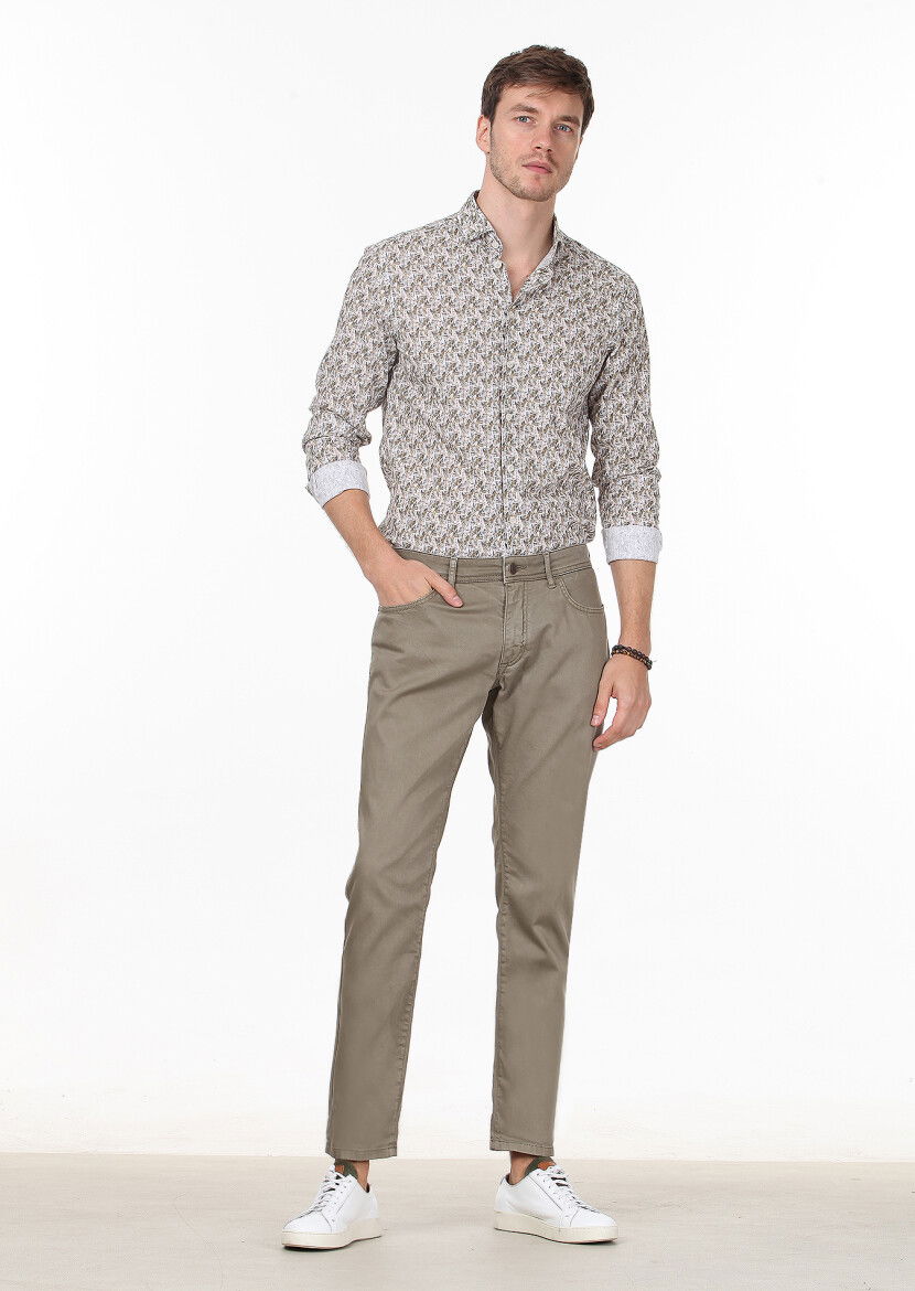 Açık Yeşil Düz Dokuma Slim Fit Casual Pamuk Karışımlı Pantolon 