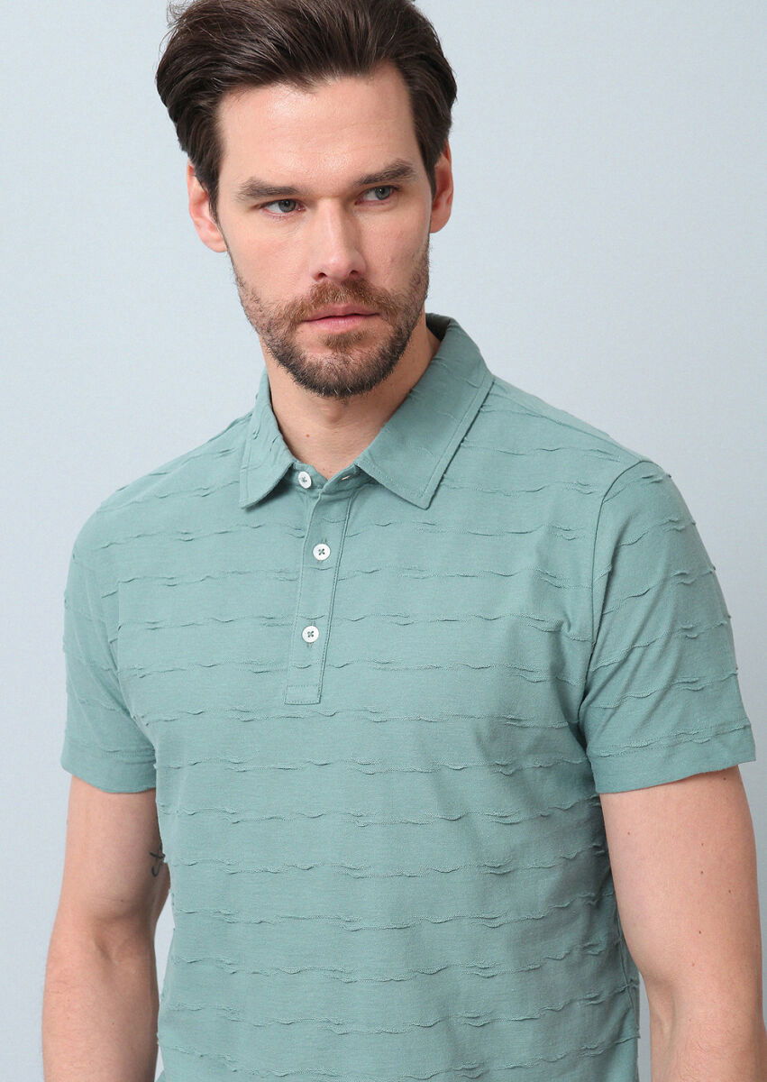 Açık Yeşil Jakarlı Polo Yaka %100 Pamuk T-Shirt - 1