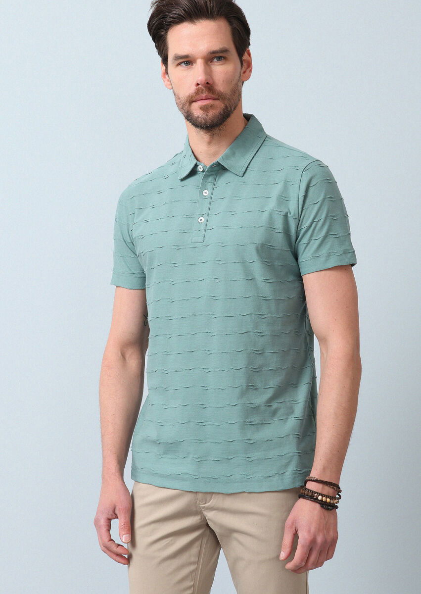 Açık Yeşil Jakarlı Polo Yaka %100 Pamuk T-Shirt - 3