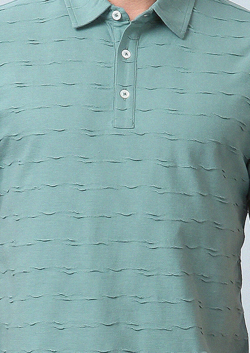 Açık Yeşil Jakarlı Polo Yaka %100 Pamuk T-Shirt - 4