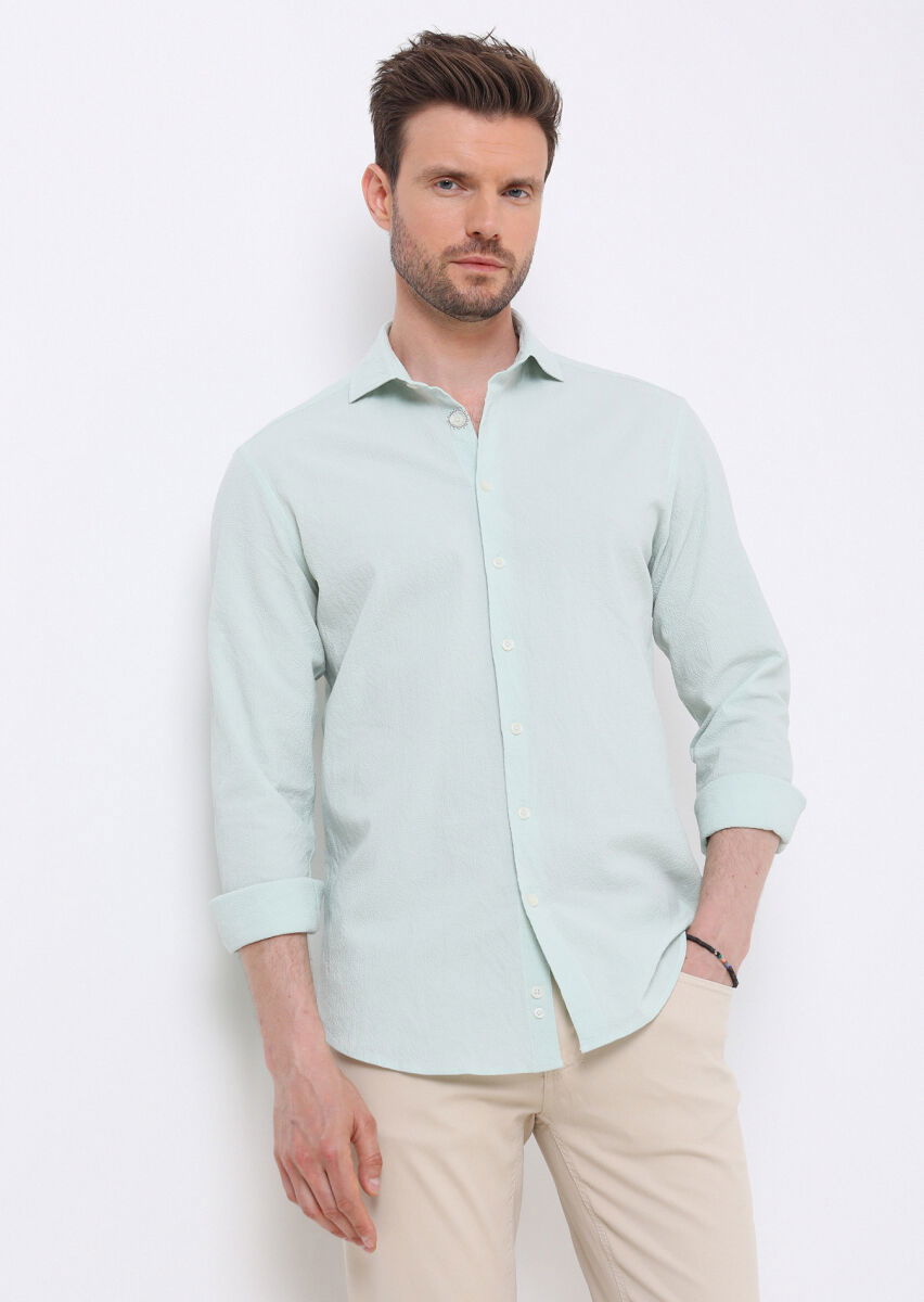 Açık Yeşil Slim Fit Dokuma Casual Pamuk Karışımlı Gömlek - 1
