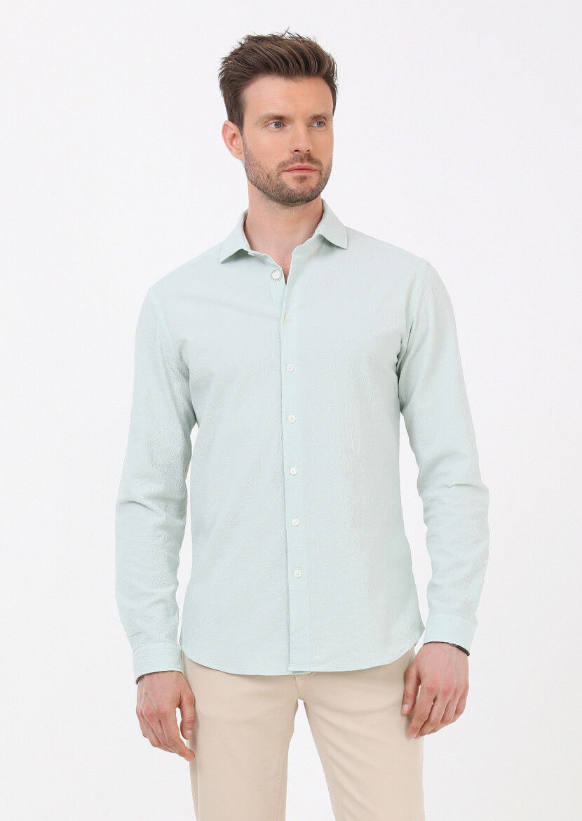 Açık Yeşil Slim Fit Dokuma Casual Pamuk Karışımlı Gömlek - 3