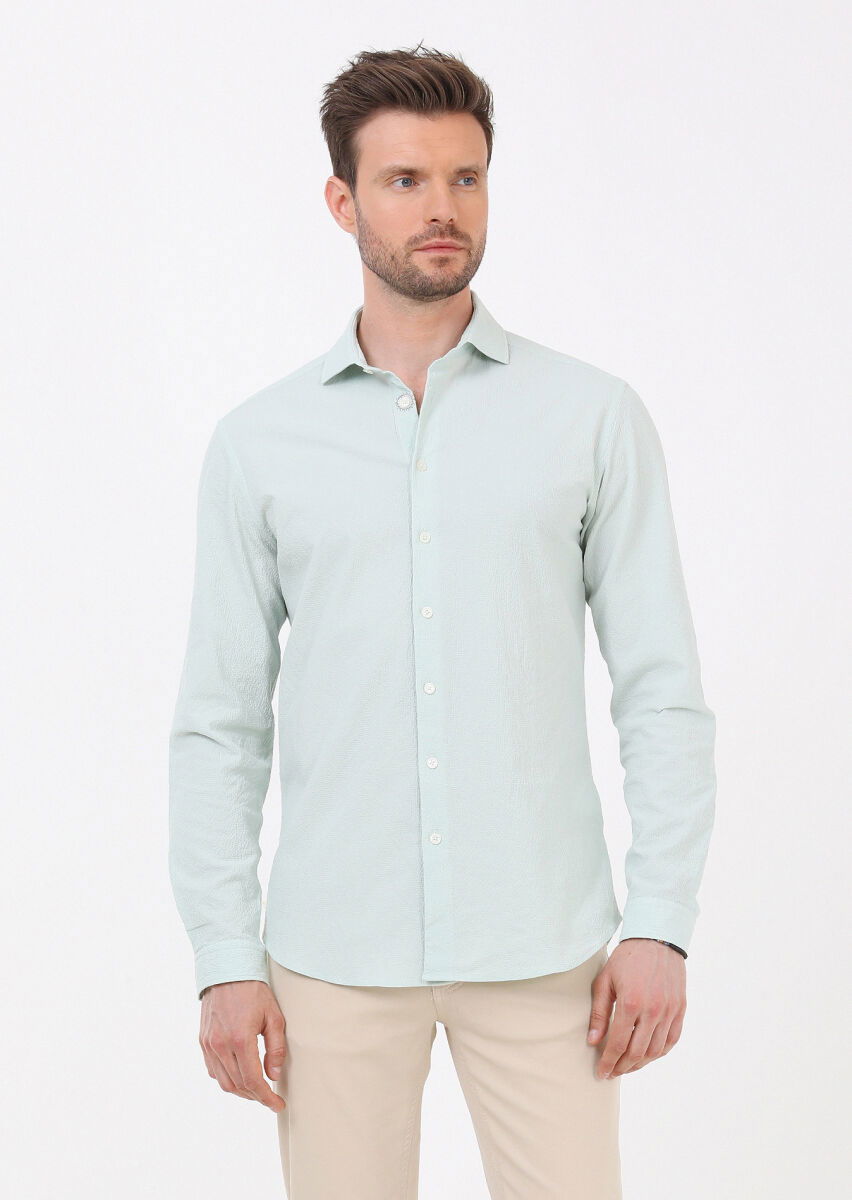 Açık Yeşil Slim Fit Dokuma Casual Pamuk Karışımlı Gömlek - 3
