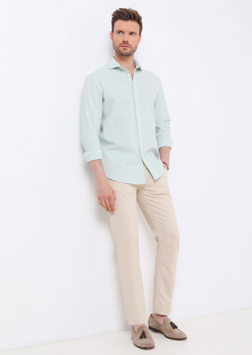 Açık Yeşil Slim Fit Dokuma Casual Pamuk Karışımlı Gömlek - 5