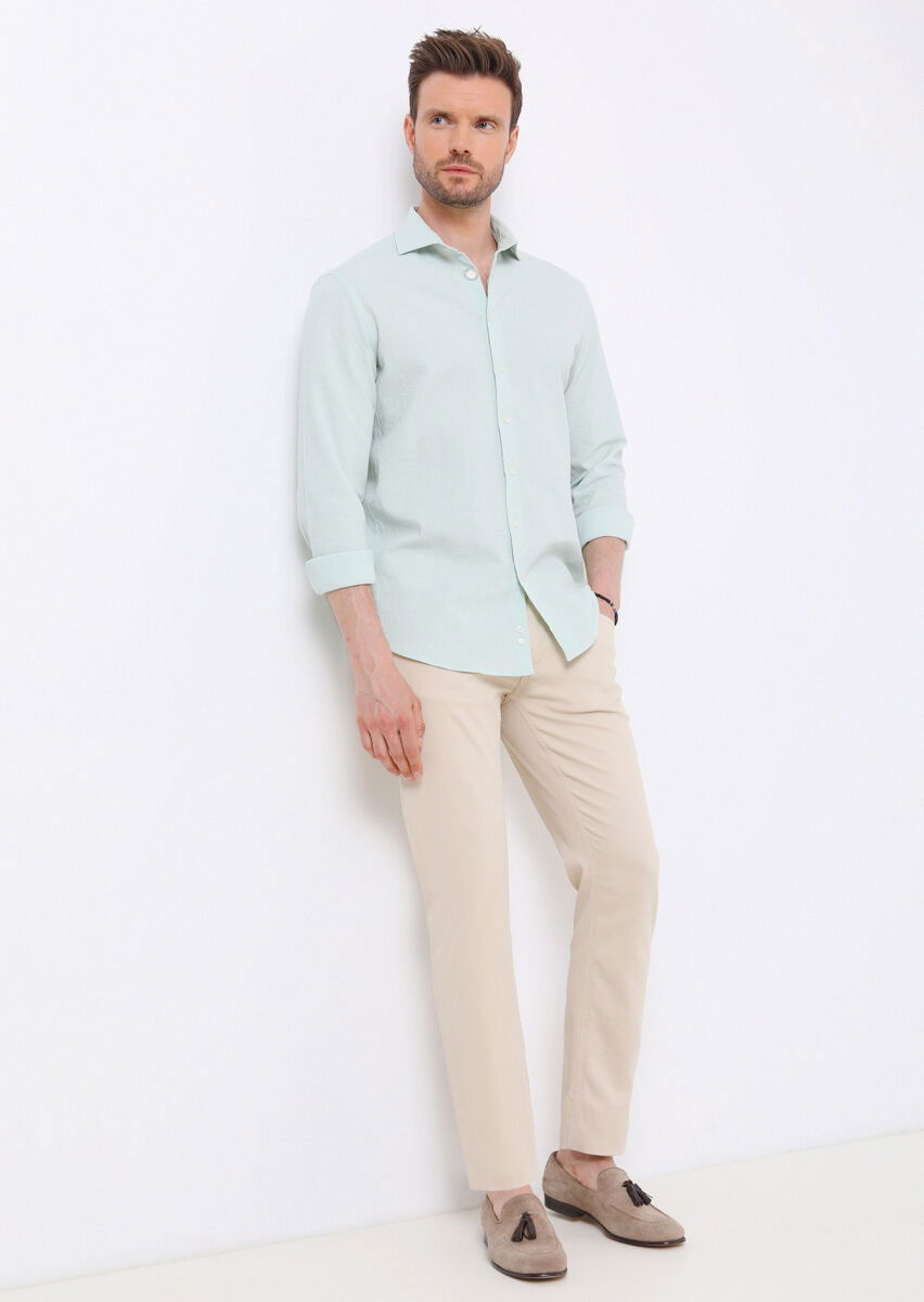 Açık Yeşil Slim Fit Dokuma Casual Pamuk Karışımlı Gömlek - 5