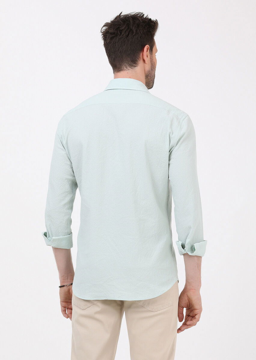 Açık Yeşil Slim Fit Dokuma Casual Pamuk Karışımlı Gömlek - 6