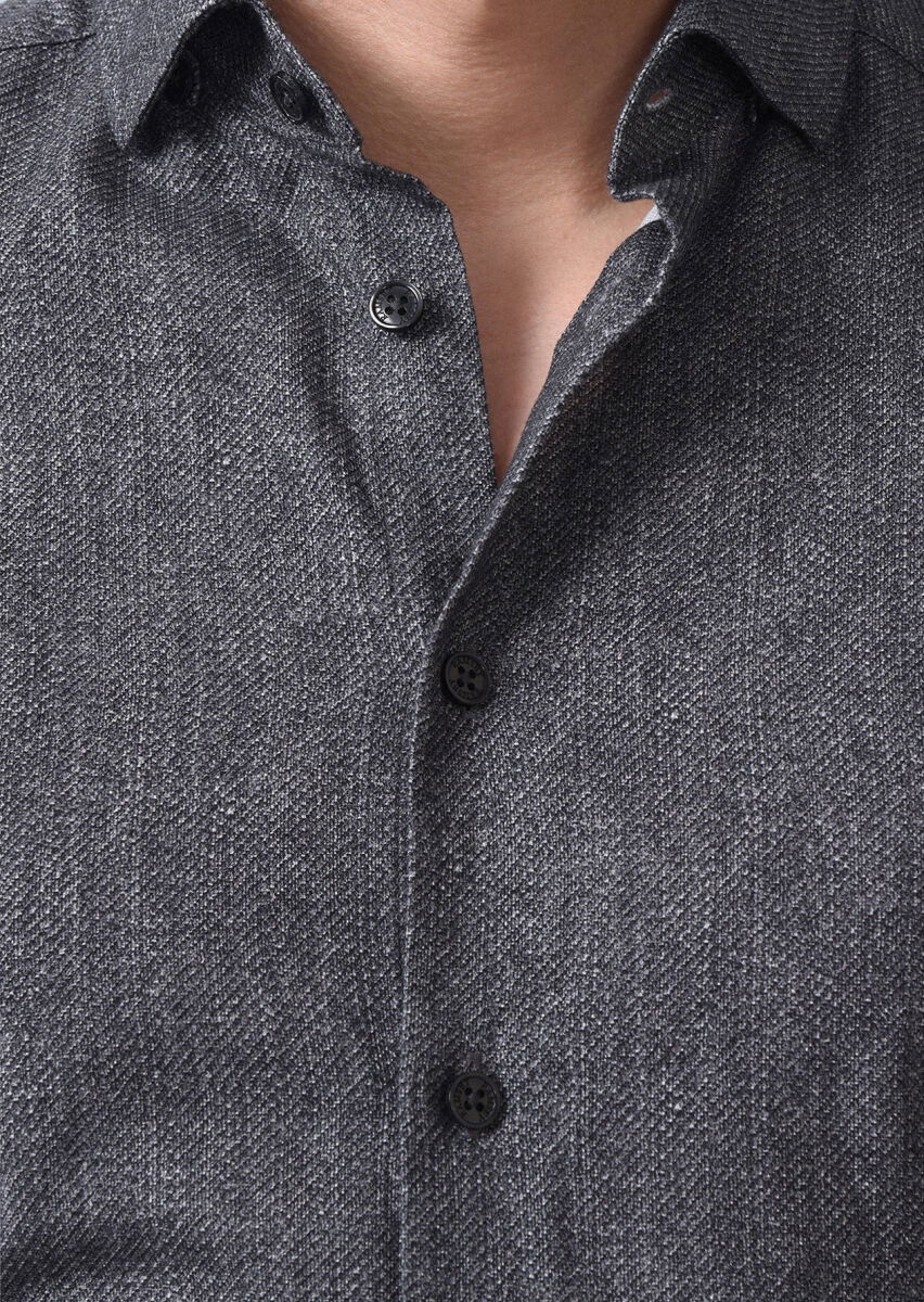 Antrasit Baskılı Slim Fit Dokuma Casual %100 Pamuk Gömlek - 1