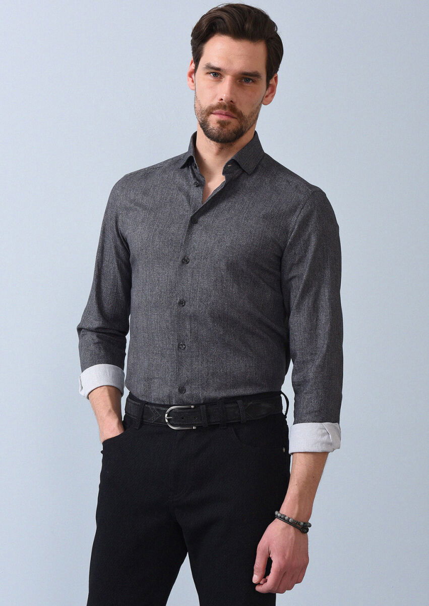 Antrasit Baskılı Slim Fit Dokuma Casual %100 Pamuk Gömlek - 2