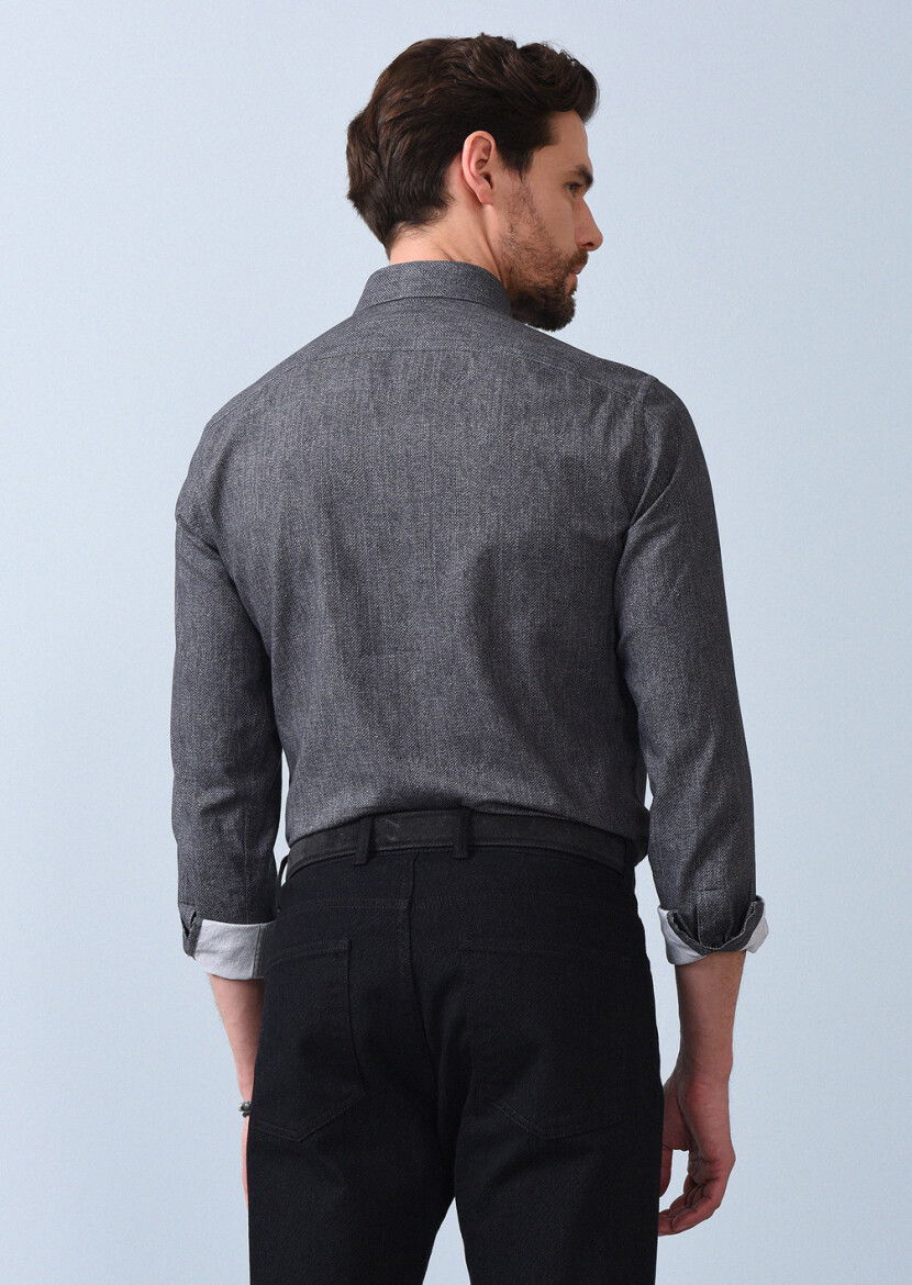 Antrasit Baskılı Slim Fit Dokuma Casual %100 Pamuk Gömlek - 5