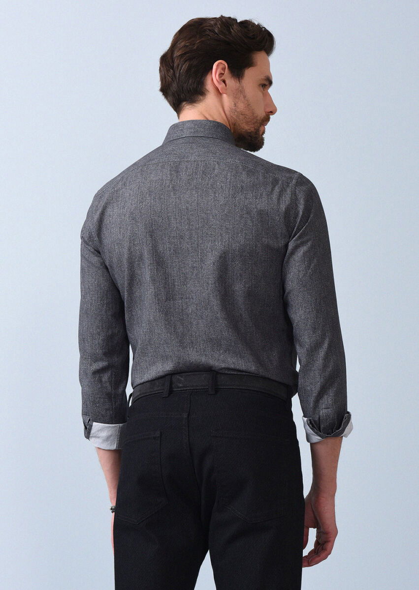 Antrasit Baskılı Slim Fit Dokuma Casual %100 Pamuk Gömlek - 5