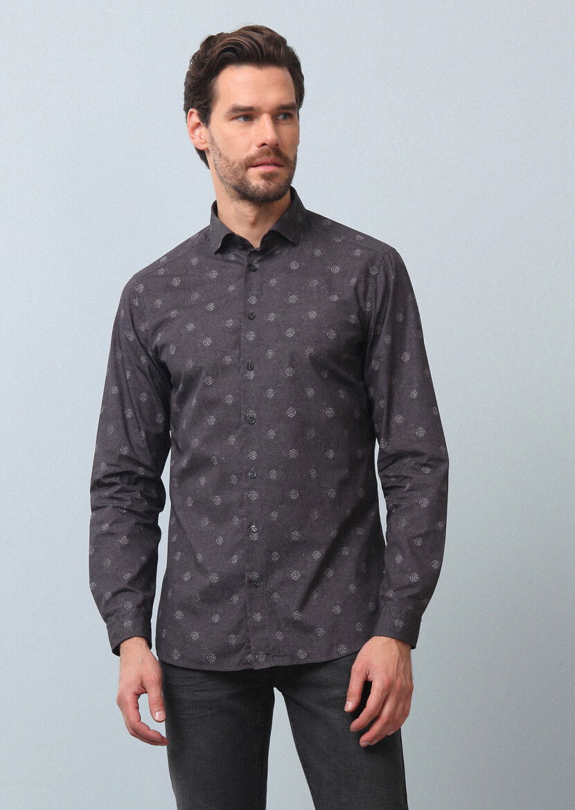 Antrasit Baskılı Slim Fit Dokuma Casual %100 Pamuk Gömlek - 3