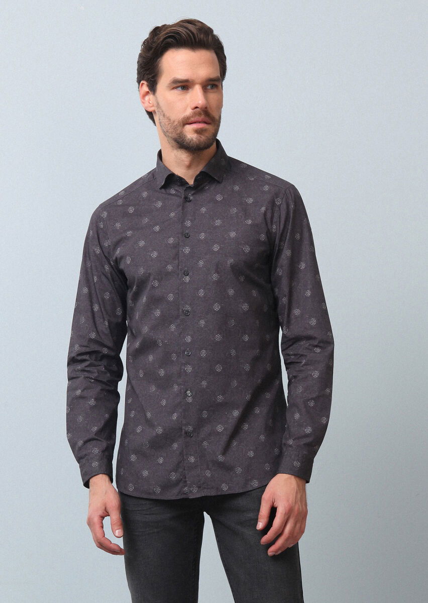 Antrasit Baskılı Slim Fit Dokuma Casual %100 Pamuk Gömlek - 3