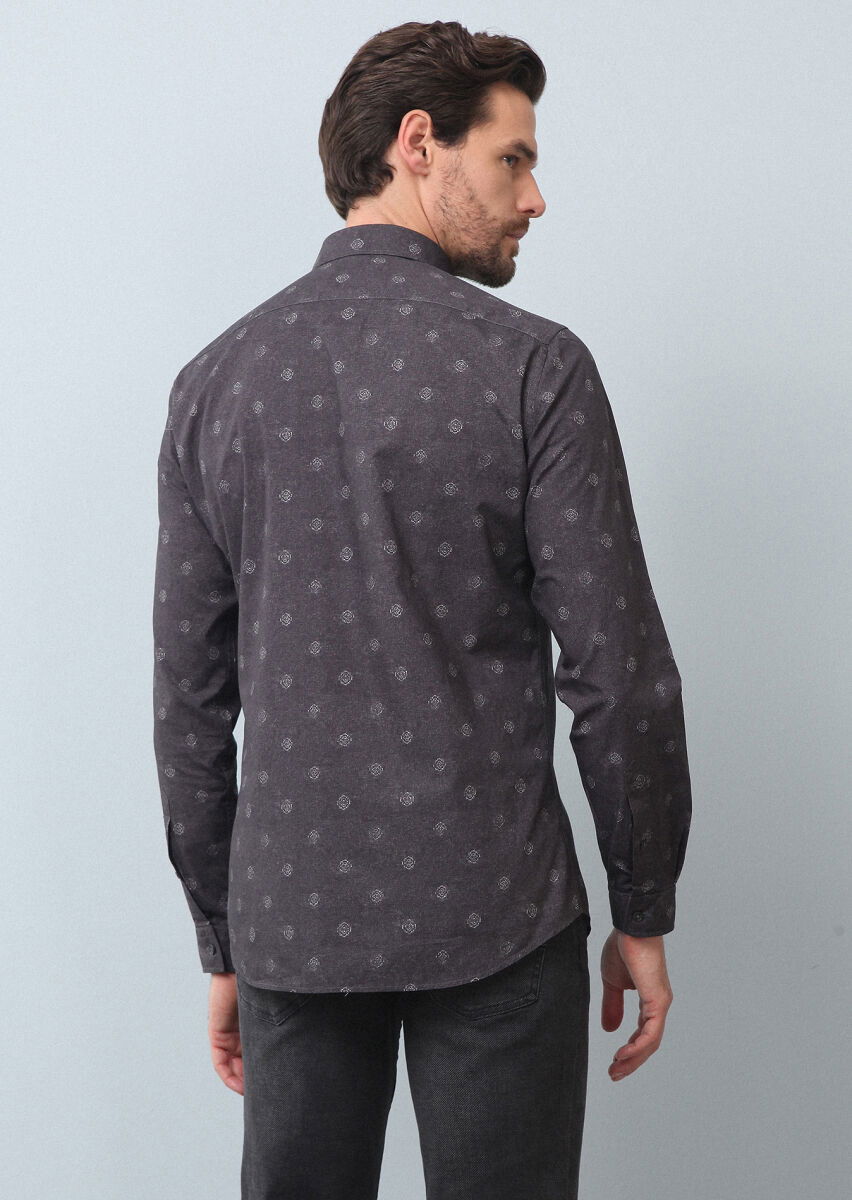 Antrasit Baskılı Slim Fit Dokuma Casual %100 Pamuk Gömlek - 5