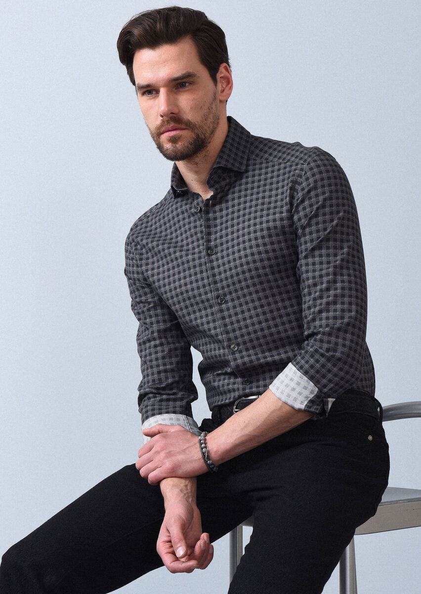 Antrasit Baskılı Slim Fit Dokuma Casual %100 Pamuk Gömlek - 3