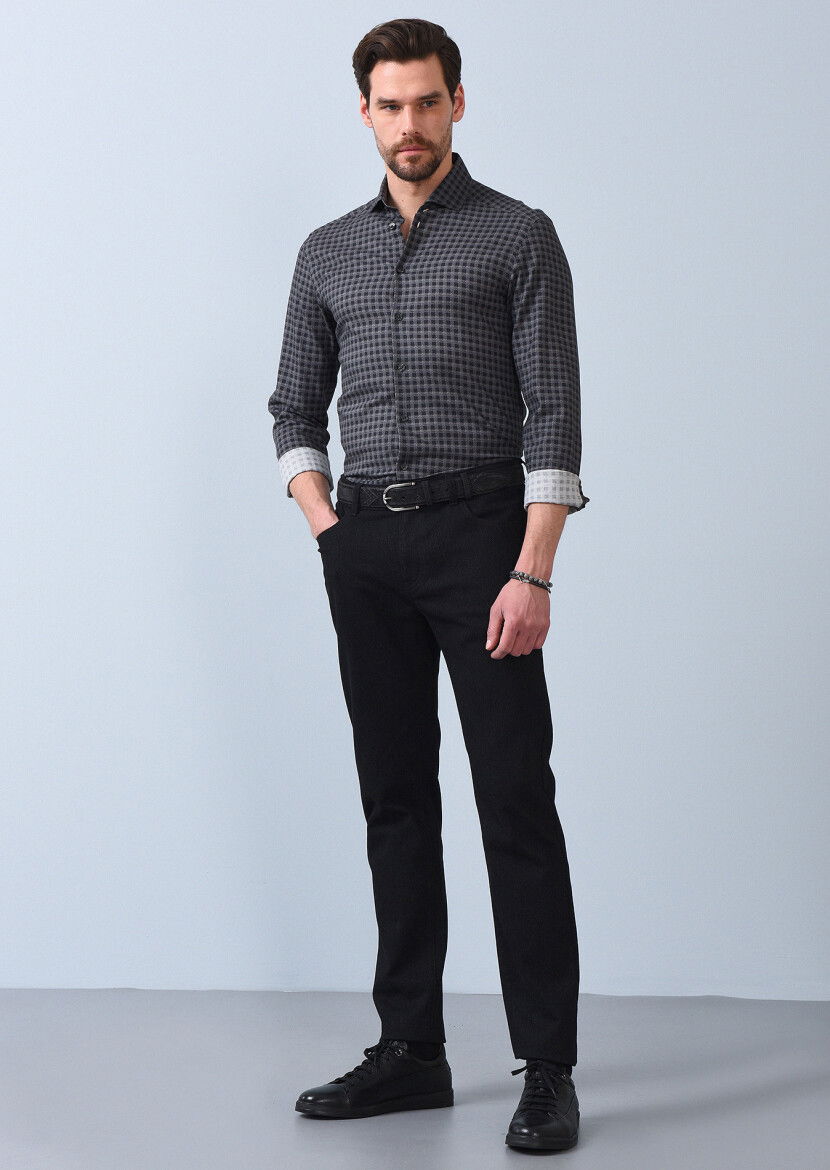Antrasit Baskılı Slim Fit Dokuma Casual %100 Pamuk Gömlek - 4