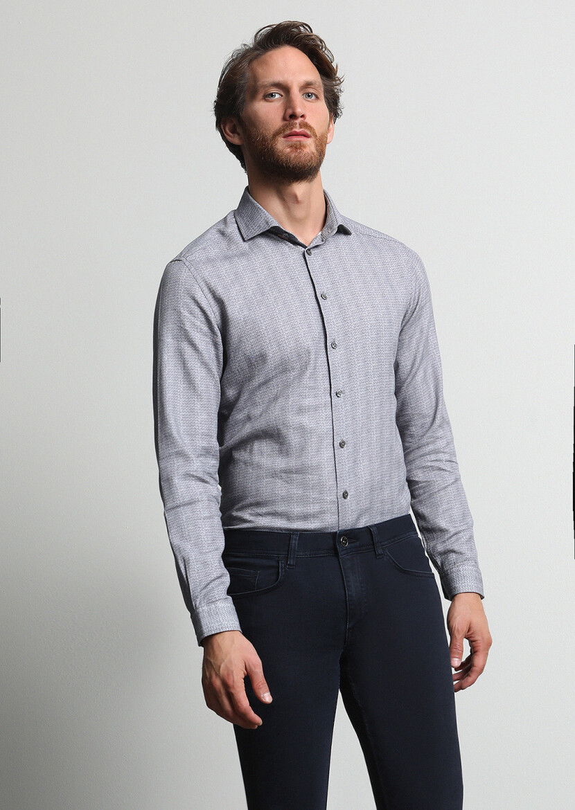 Antrasit Baskılı Slim Fit Dokuma Casual %100 Pamuk Gömlek 