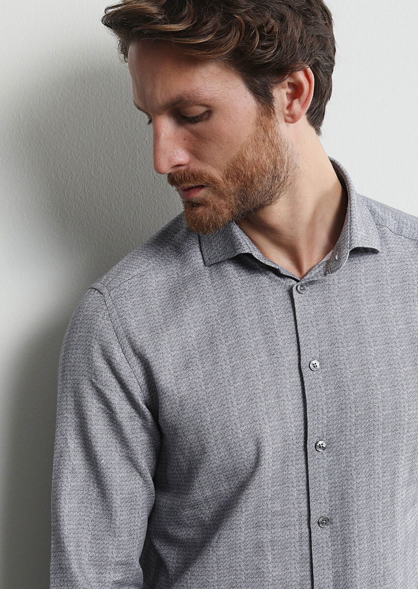 Antrasit Baskılı Slim Fit Dokuma Casual %100 Pamuk Gömlek - 2