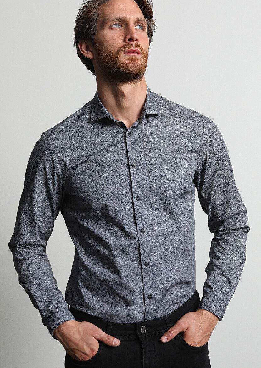 Antrasit Baskılı Slim Fit Dokuma Casual %100 Pamuk Gömlek 