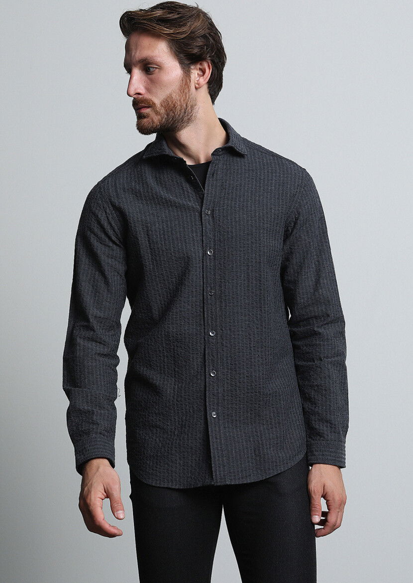 Antrasit Çizgili Regular Fit Dokuma Casual %100 Pamuk Gömlek 
