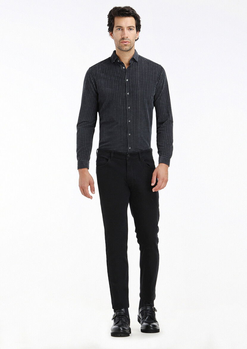 Antrasit Çizgili Regular Fit Dokuma Kadife Casual %100 Pamuk Gömlek - 1