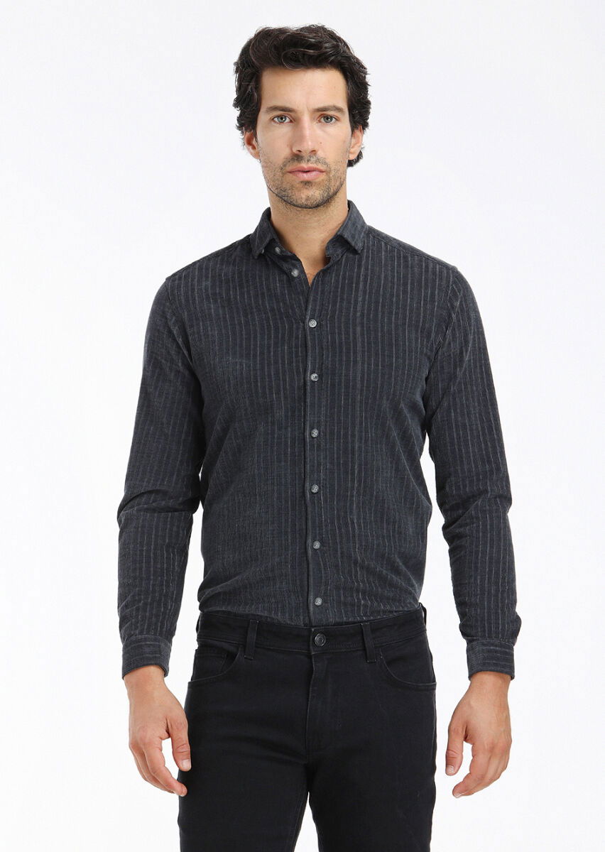 Antrasit Çizgili Regular Fit Dokuma Kadife Casual %100 Pamuk Gömlek - 3