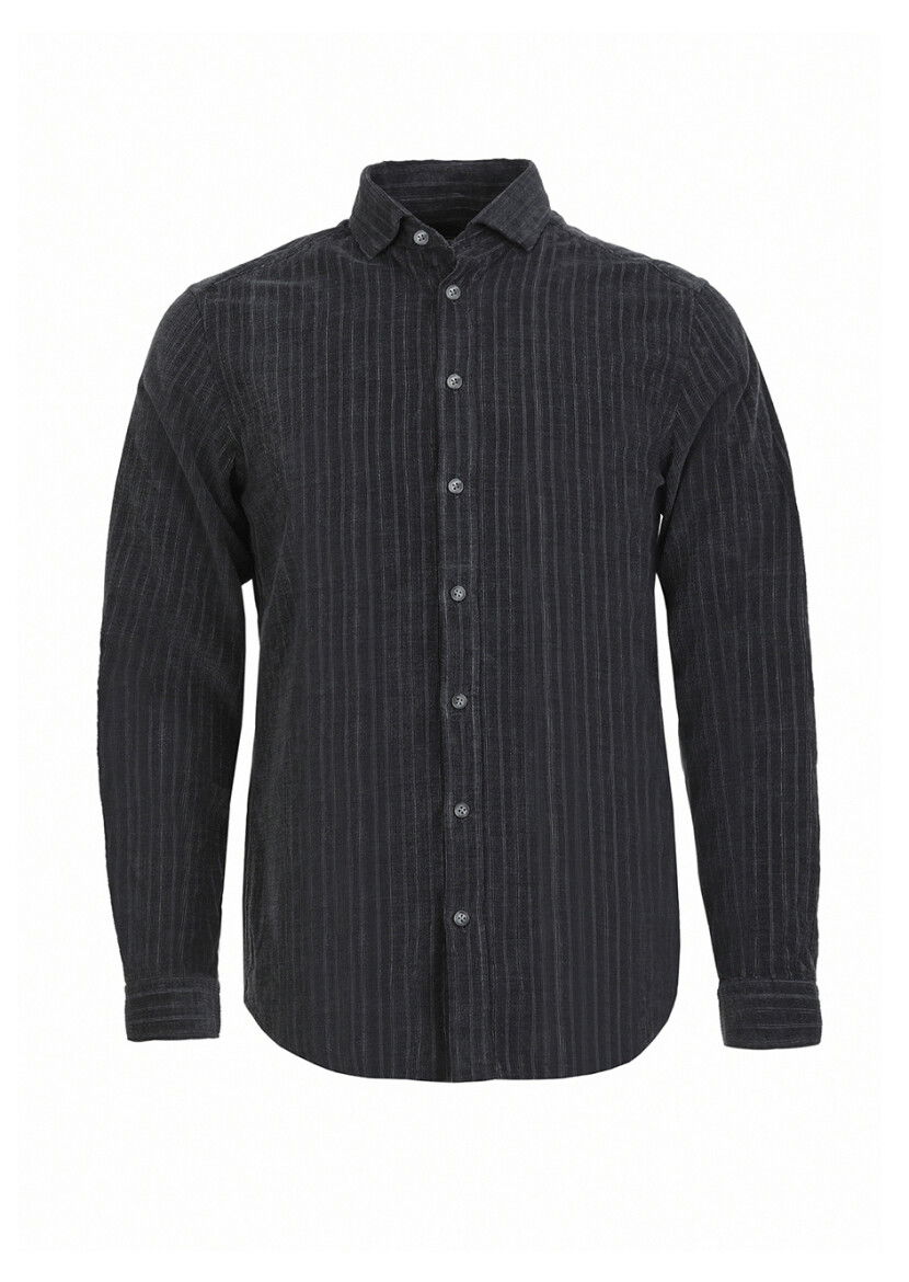 Antrasit Çizgili Regular Fit Dokuma Kadife Casual %100 Pamuk Gömlek - 5