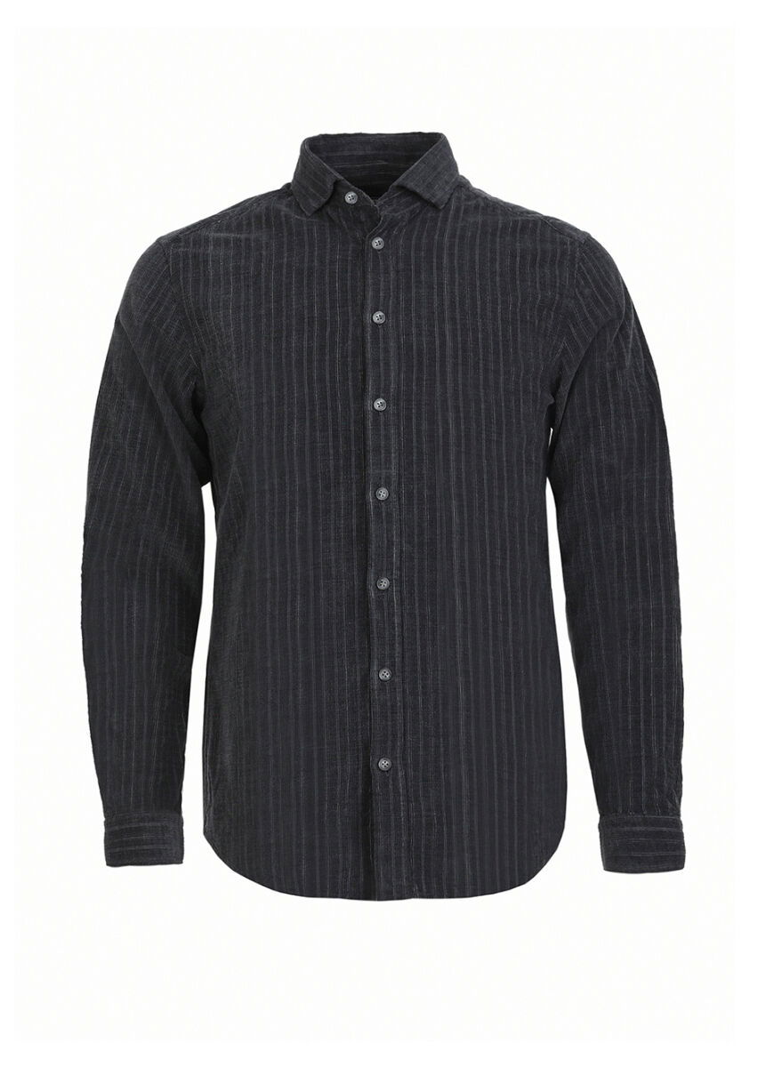 Antrasit Çizgili Regular Fit Dokuma Kadife Casual %100 Pamuk Gömlek - 5