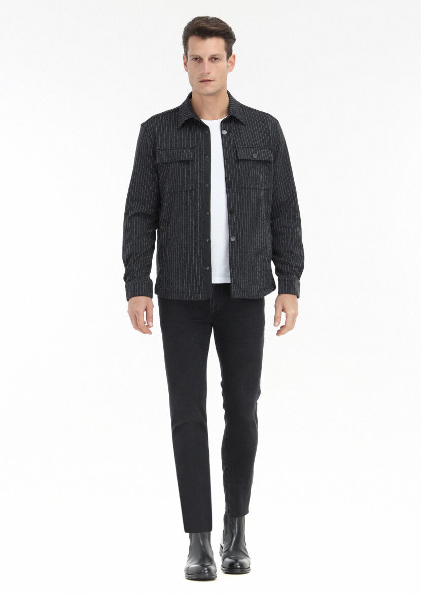Antrasit Çizgili Regular Fit Overshırt - 1