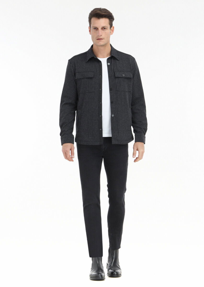 Antrasit Çizgili Regular Fit Overshırt - 1