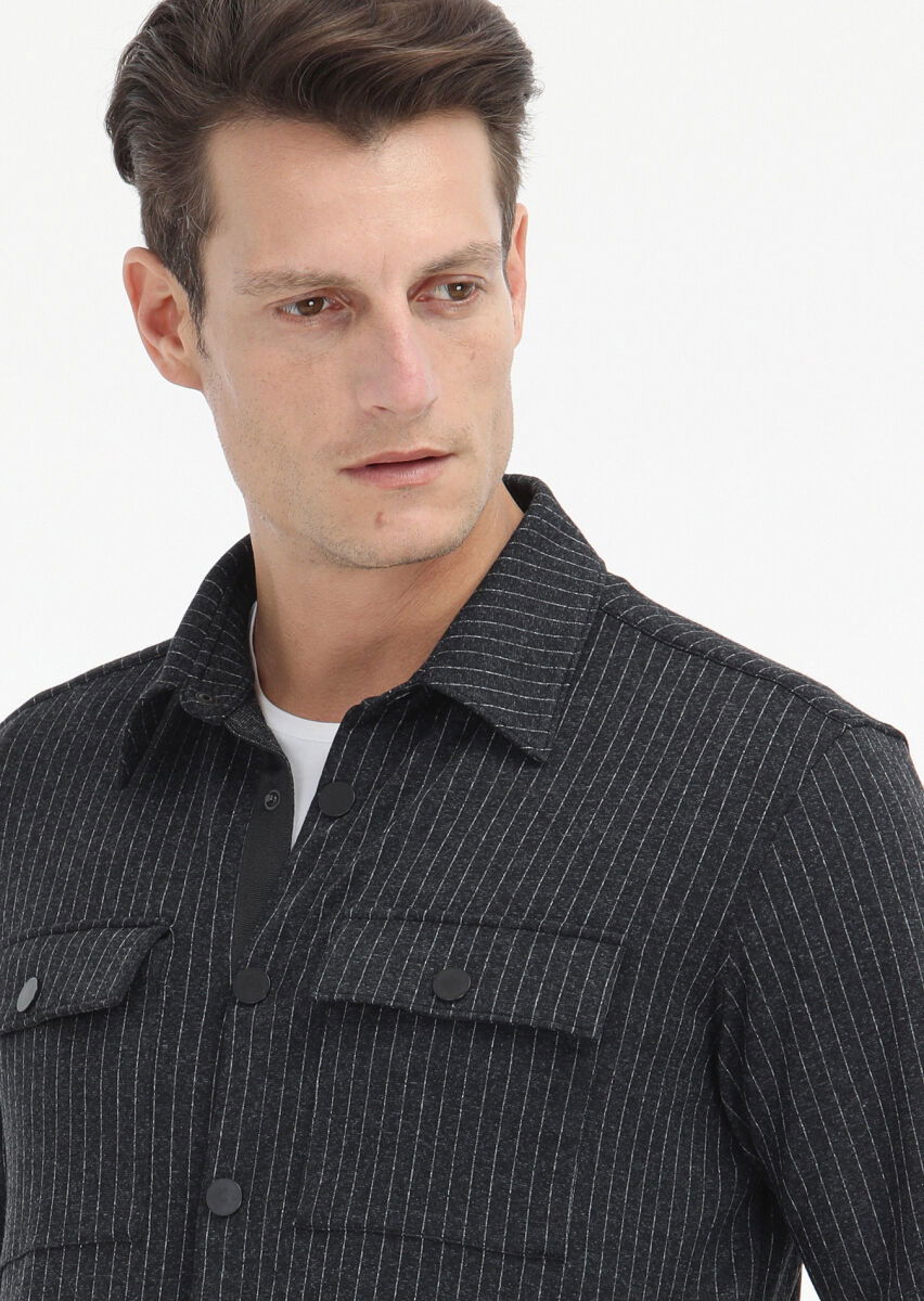 Antrasit Çizgili Regular Fit Overshırt - 3