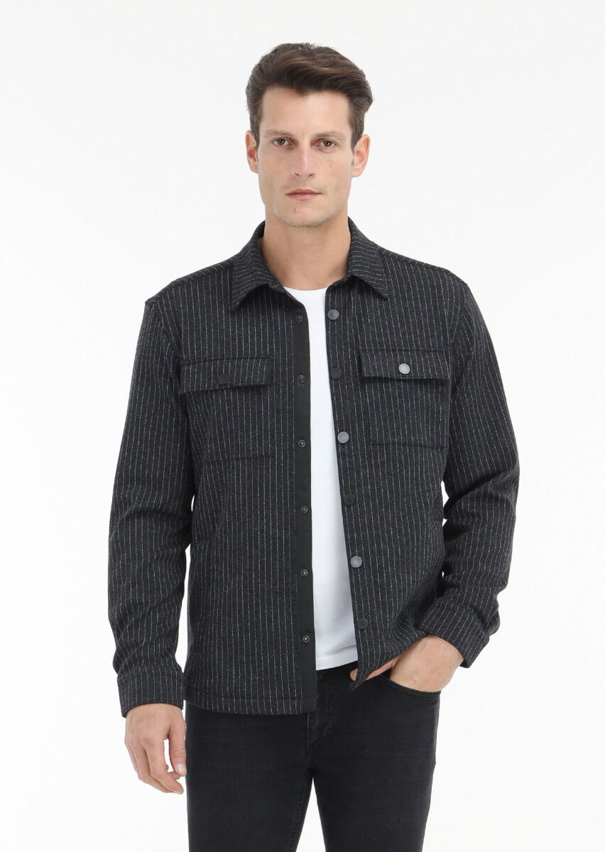 Antrasit Çizgili Regular Fit Overshırt - 4