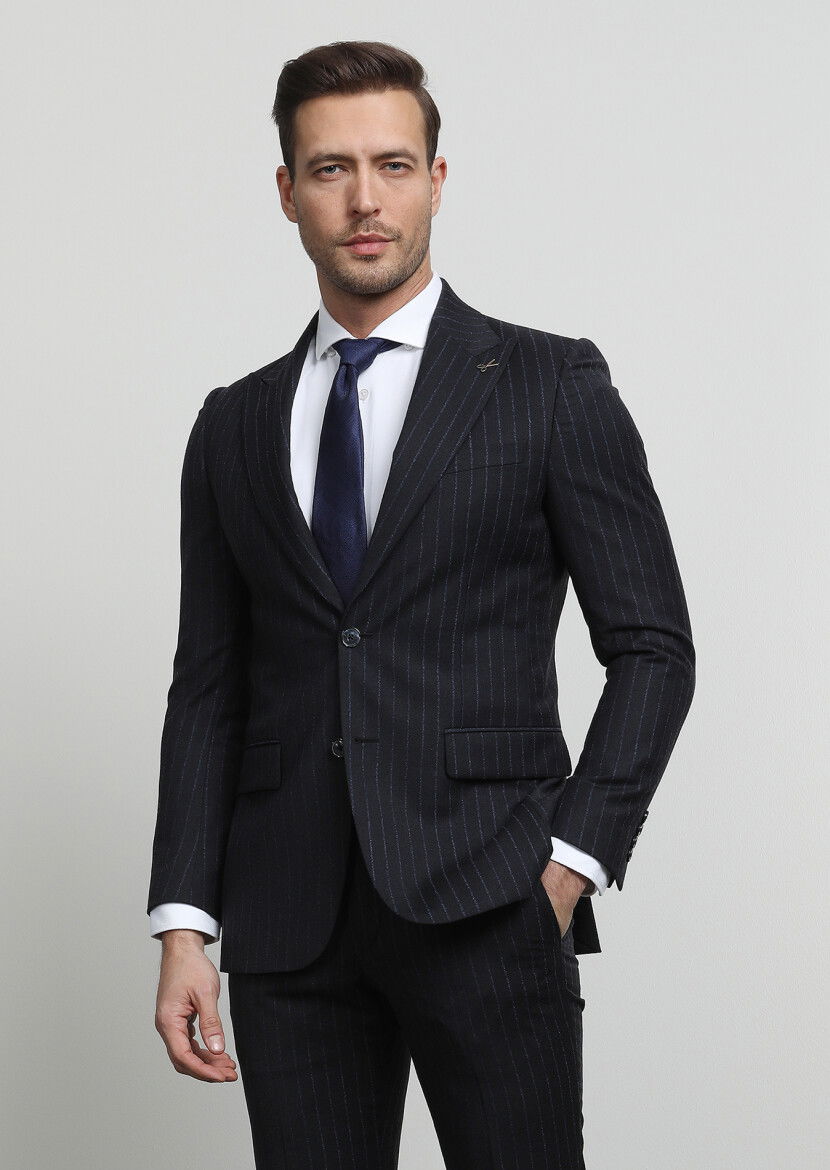 Antrasit Çizgili Thin&taller Slim Fit %100 Yün Takım Elbise - 1