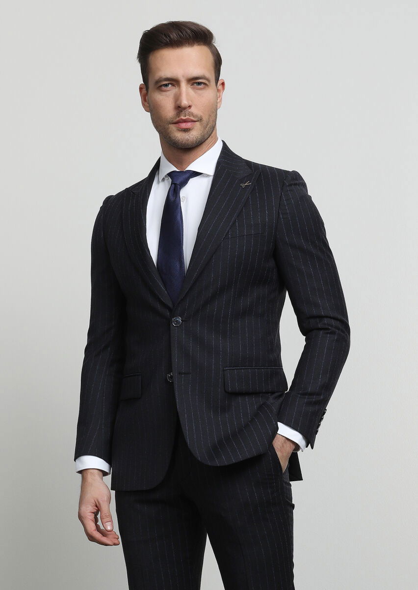Antrasit Çizgili Thin&taller Slim Fit %100 Yün Takım Elbise - 1