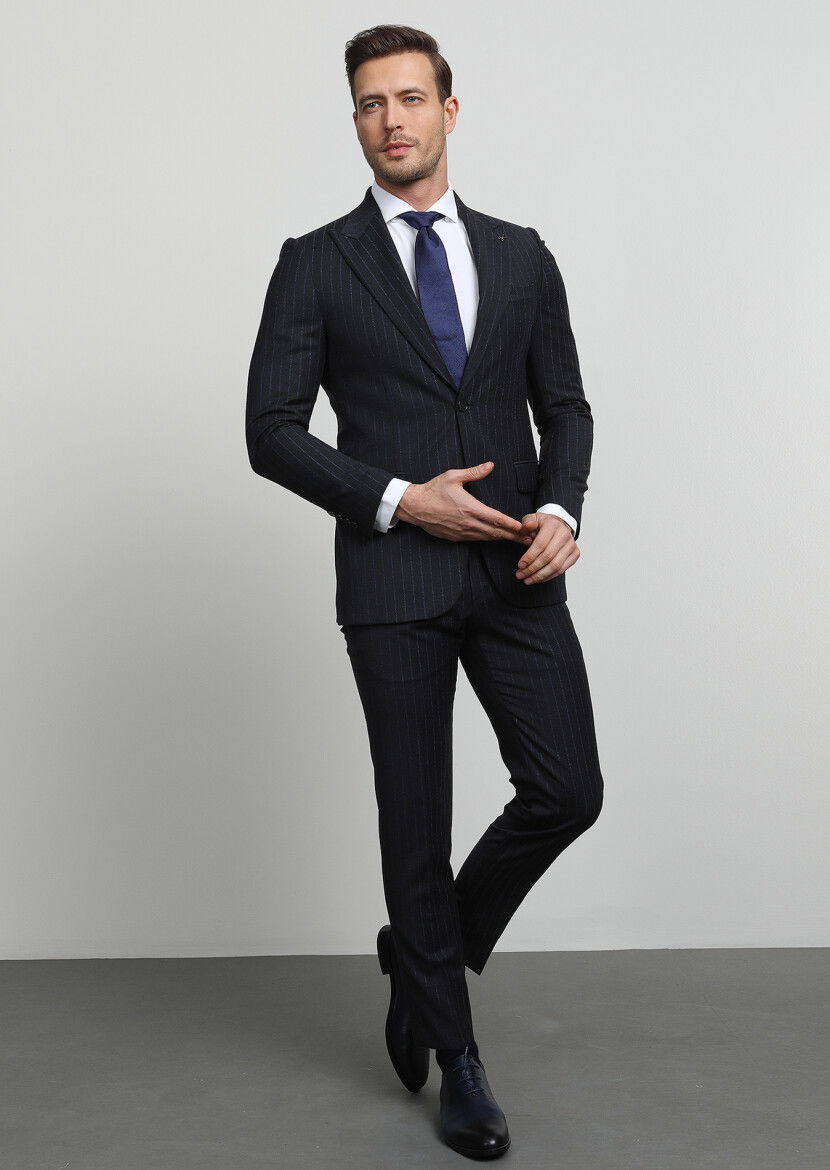 Antrasit Çizgili Thin&taller Slim Fit %100 Yün Takım Elbise - 3