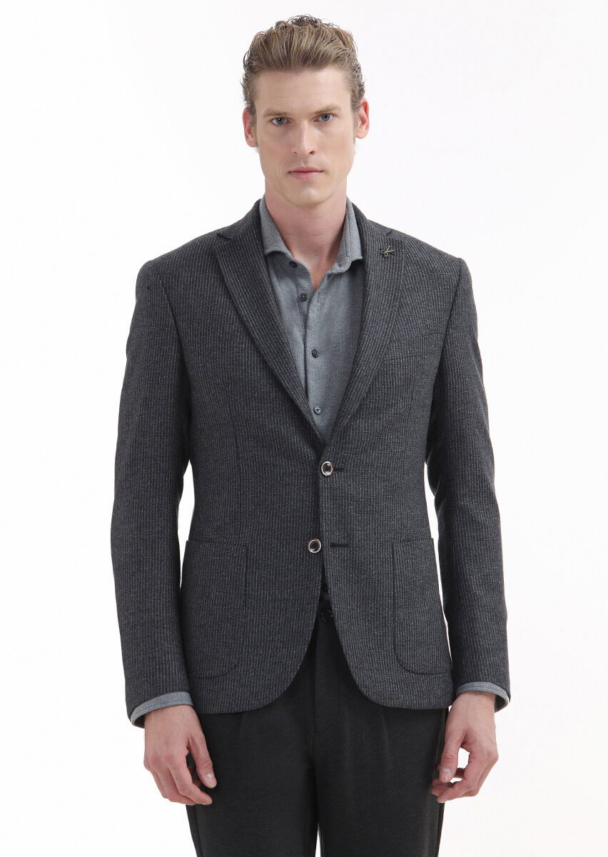 Antrasit Çizgili Zeroweight Slim Fit %100 Yün Ceket - 1