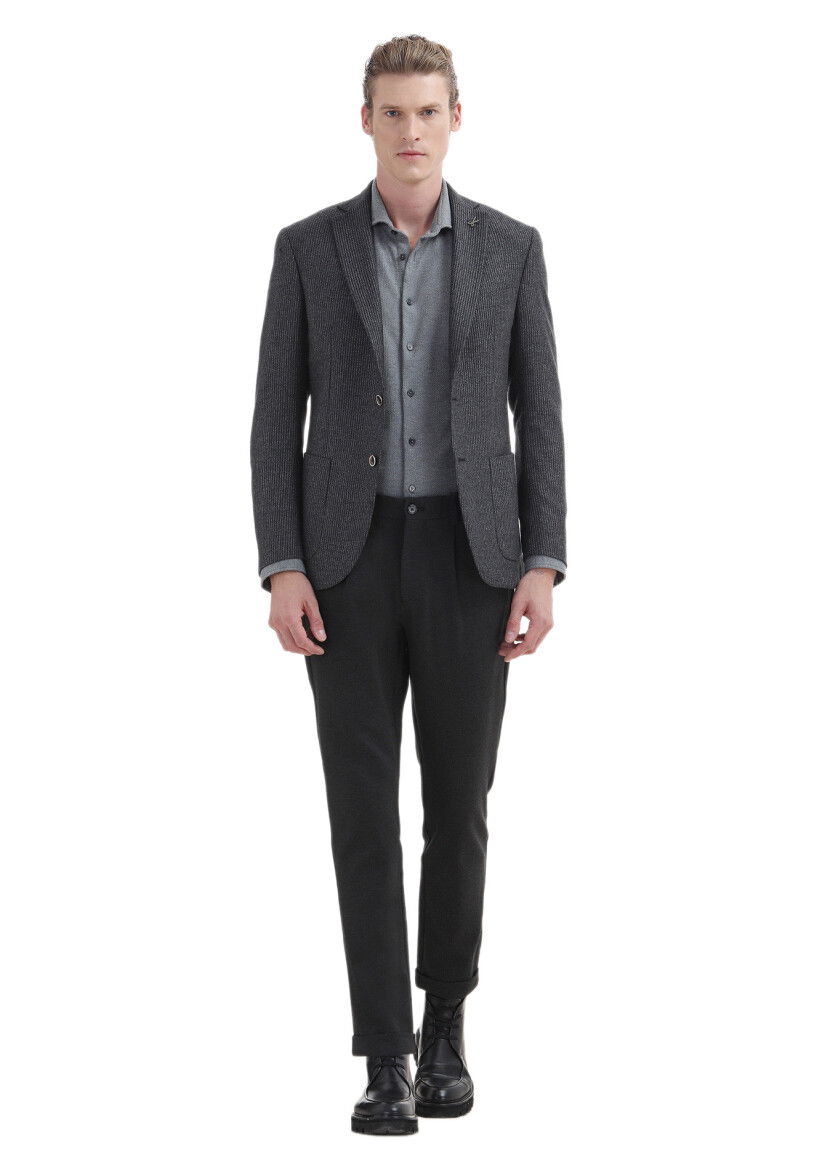 Antrasit Çizgili Zeroweight Slim Fit %100 Yün Ceket - 2