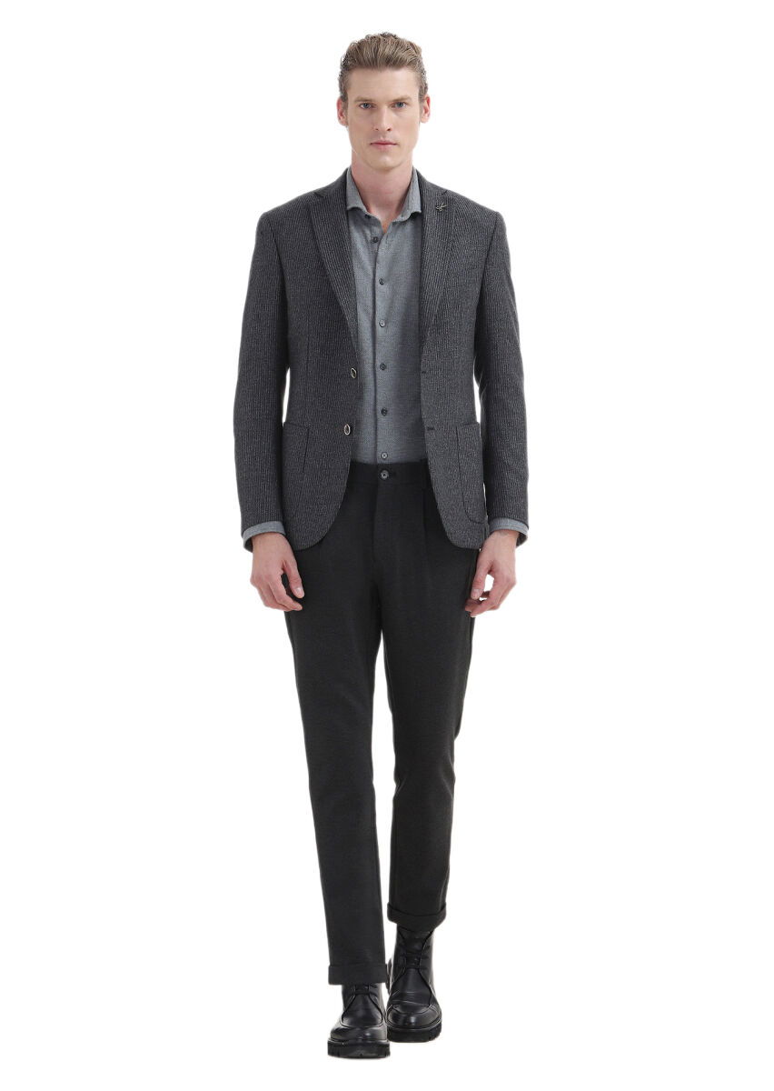 Antrasit Çizgili Zeroweight Slim Fit %100 Yün Ceket - 2