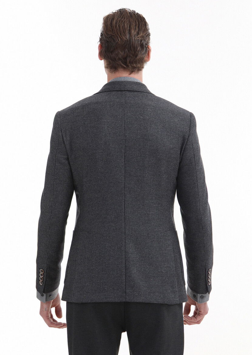 Antrasit Çizgili Zeroweight Slim Fit %100 Yün Ceket - 5