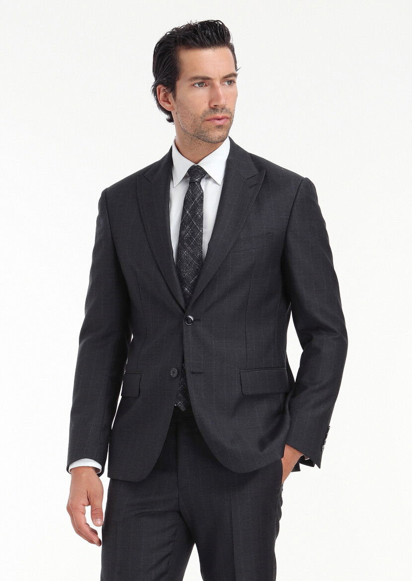 Antrasit Çizgili Zeroweight Slim Fit %100 Yün Takım Elbise - 2