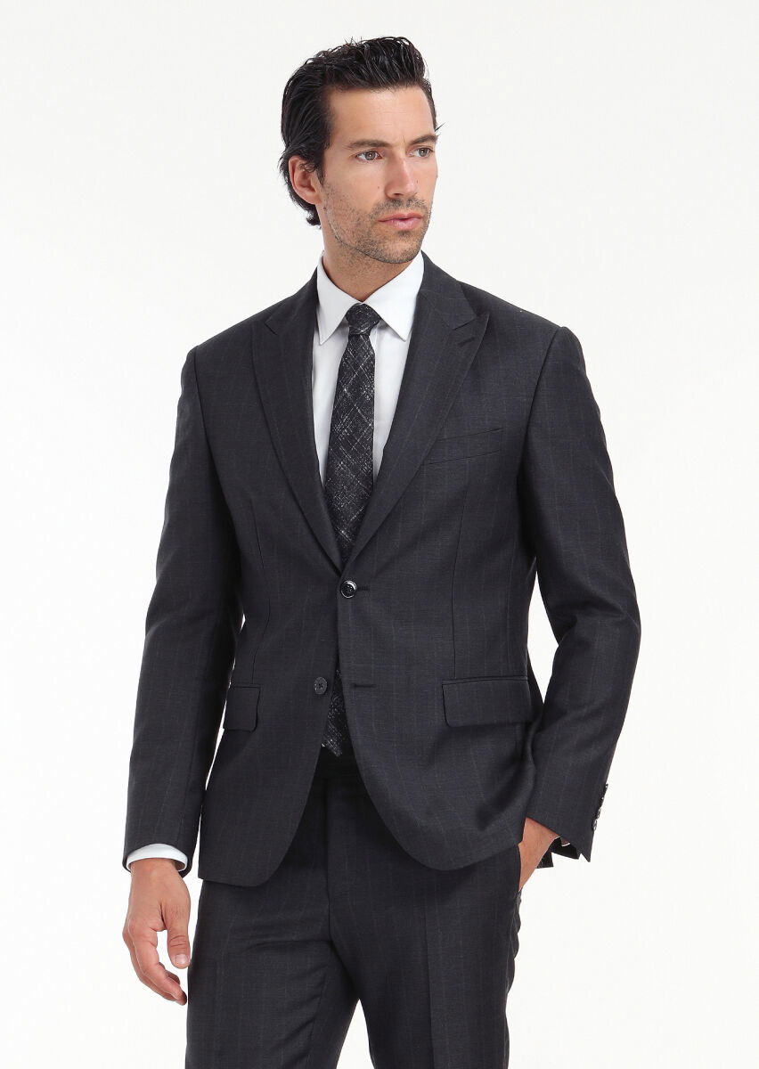 Antrasit Çizgili Zeroweight Slim Fit %100 Yün Takım Elbise - 2
